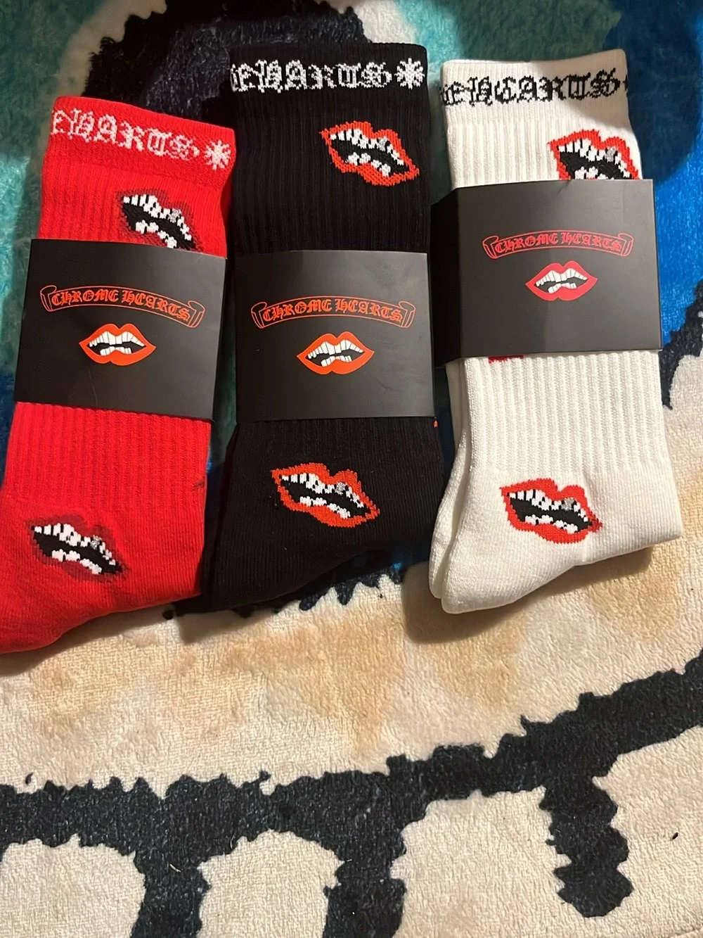 Chrome Hearts Crew Socks in Red, Black, White with Lip Motif (3-Pack)